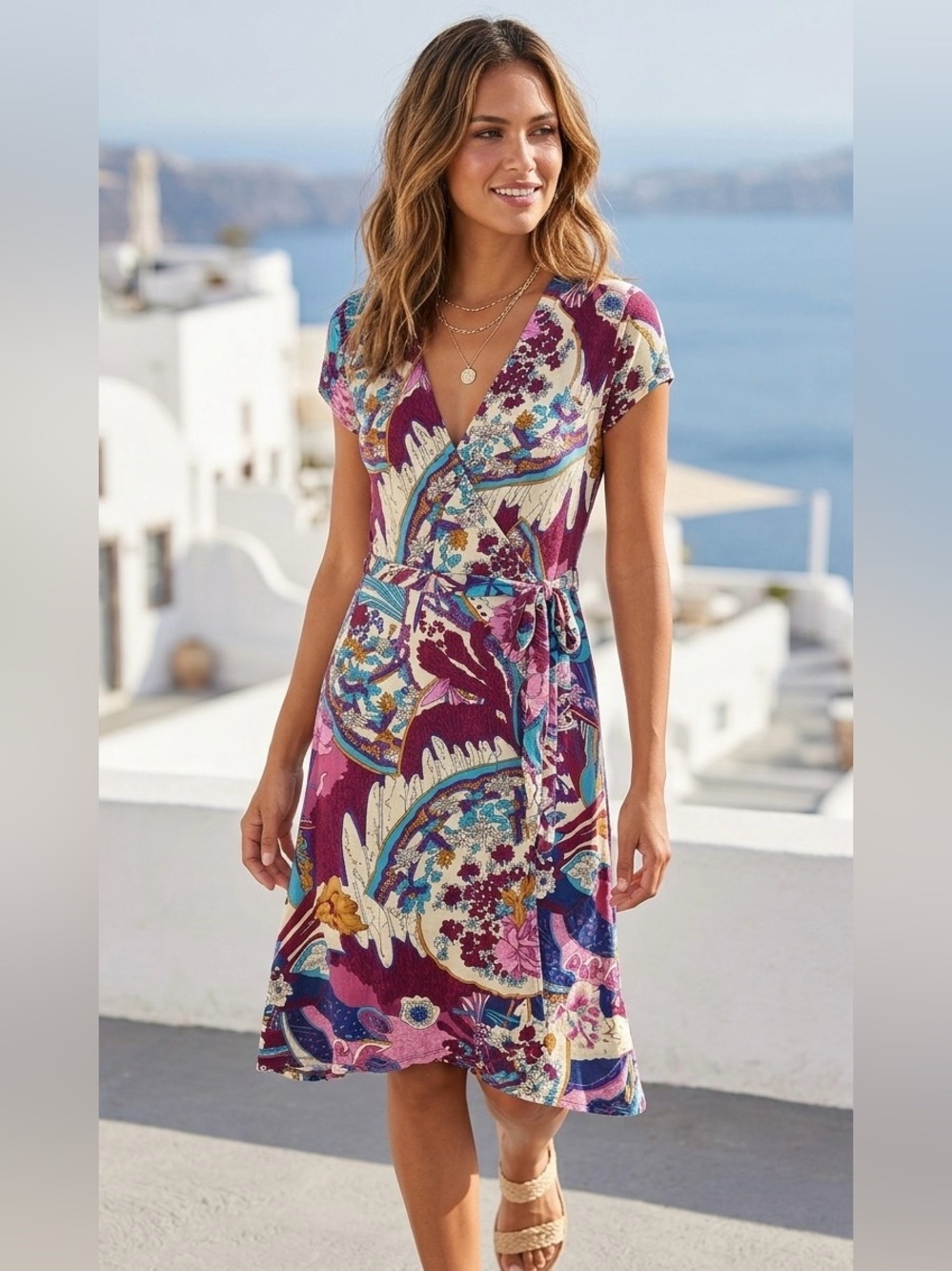 Miss Me‎ Vintage Floral Abstract Wrap Dress V-Neck Cap Sleeve Multi-Color M
